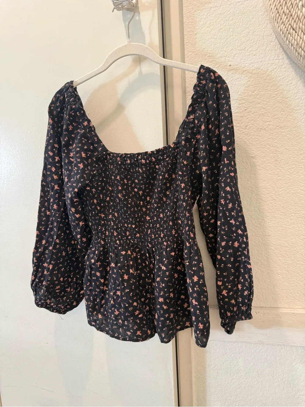 Madewell black Floral Smocked Square-Neck Top size 6